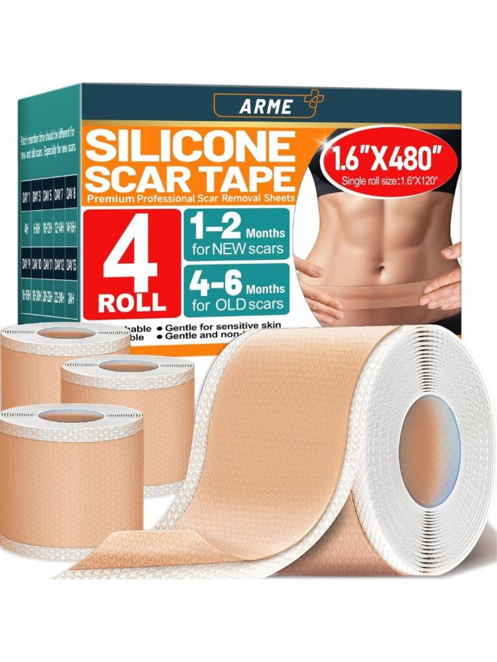 Silicone Scar Tape Sheets - 4 Rolls, 1.6" x 480" for Effective Scar Treatment